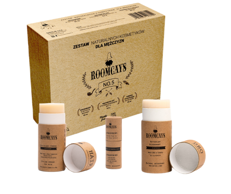 Roomcays #5 Zestaw naturalnych kosmetyków dla mężczyzn. Dezodorant w sztyfcie, Pomada stylizująca do włosów, Balsam do ust z filtrem ochronnym spf 15